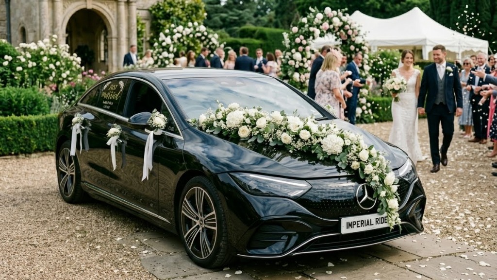 Mercedes Benz EQE Wedding Car Decorated with Flowers